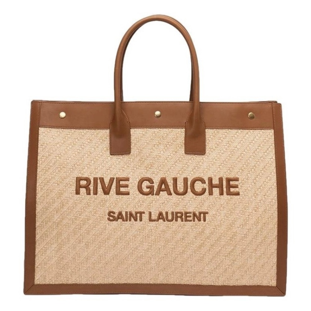 SAINT LAURENT Rive Gauche raffia and leather tote bag